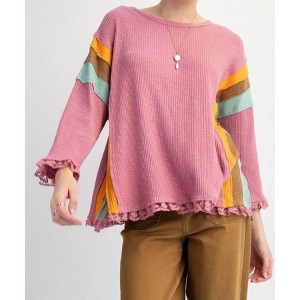 Women's Block Rib Knit Top With Lace Bottom Hem - Plus - Easel - 1 of 4