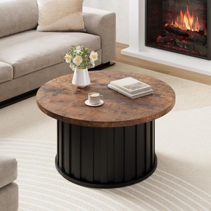 31.9" Round Coffee Table, Mid Century Modern Coffee Table with Metal Base, Fluted Center Table for Living Room, Home Small Space, Apartment - 1 of 4