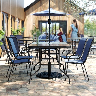Navy and Black Metal 5-Piece Outdoor Patio Dining Set with Glass Table