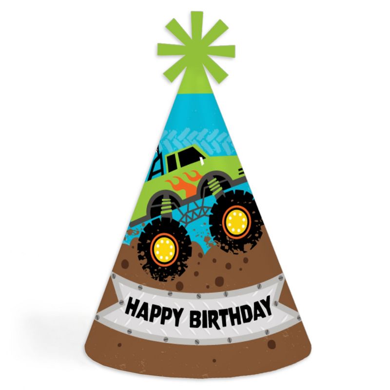 Big Dot of Happiness Smash and Crash - Monster Truck - Cone Happy Birthday Party Hats for Kids and Adults - Set of 8 (Standard Size), 1 of 8