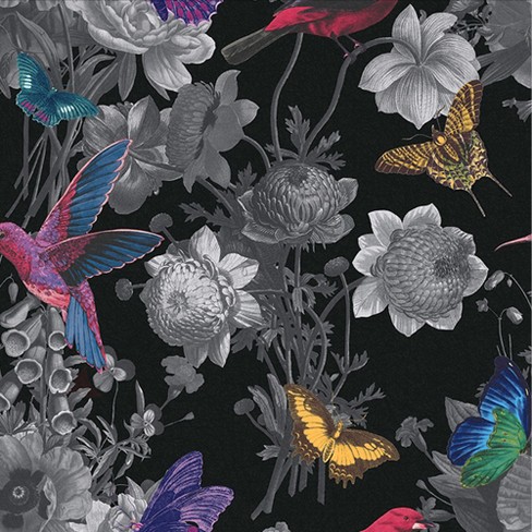 Jardin Black Floral Birds Paste the Wall Wallpaper - image 1 of 4