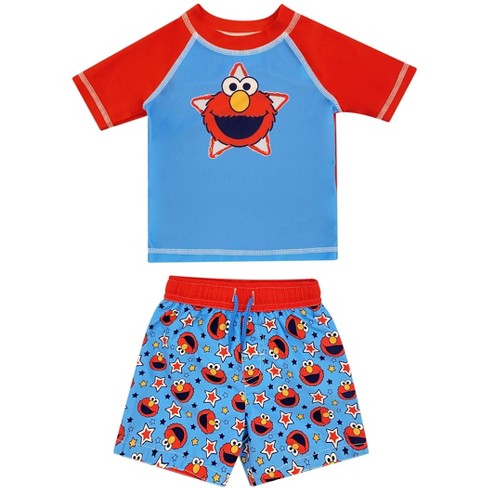 Sesame Street Elmo Toddler Boys Pullover Swim Rash Guard Swim Trunks Red And Blue 5t Target