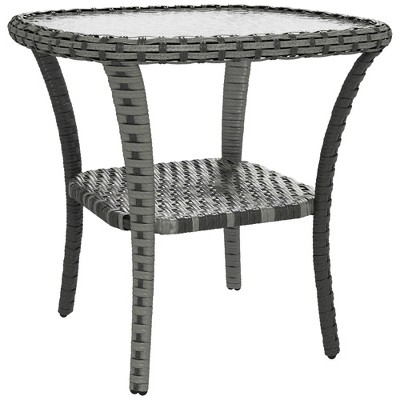 Outsunny Rattan Coffee Table with Storage Shelf, Hand-Woven Wicker Outdoor Side Table with Water-Ripple Glass Top