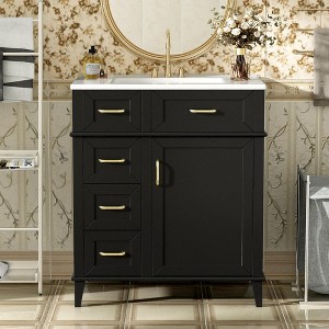 Whisen 30 in. Bathroom Storage Cabinet Bathroom Vanity with Ceramic Sink, Adjustable Shelf, Soft Close Door and Three Drawers - 1 of 4