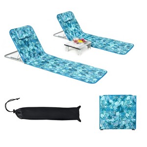 Gymax 3 PC Beach Mat Set w/ 2 Lounge Chairs & Side Table Adjustable Chaise Lounge Beach & Lawn Chairs Portable Folding Recline Chair Blue/Stripe/Green - 1 of 4