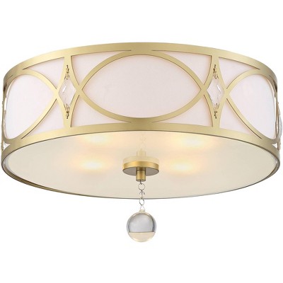 Stiffel Modern Art Deco Ceiling Light Flush Mount Fixture Gold 18 1/4" Wide White Fabric Drum Shade Bedroom Kitchen