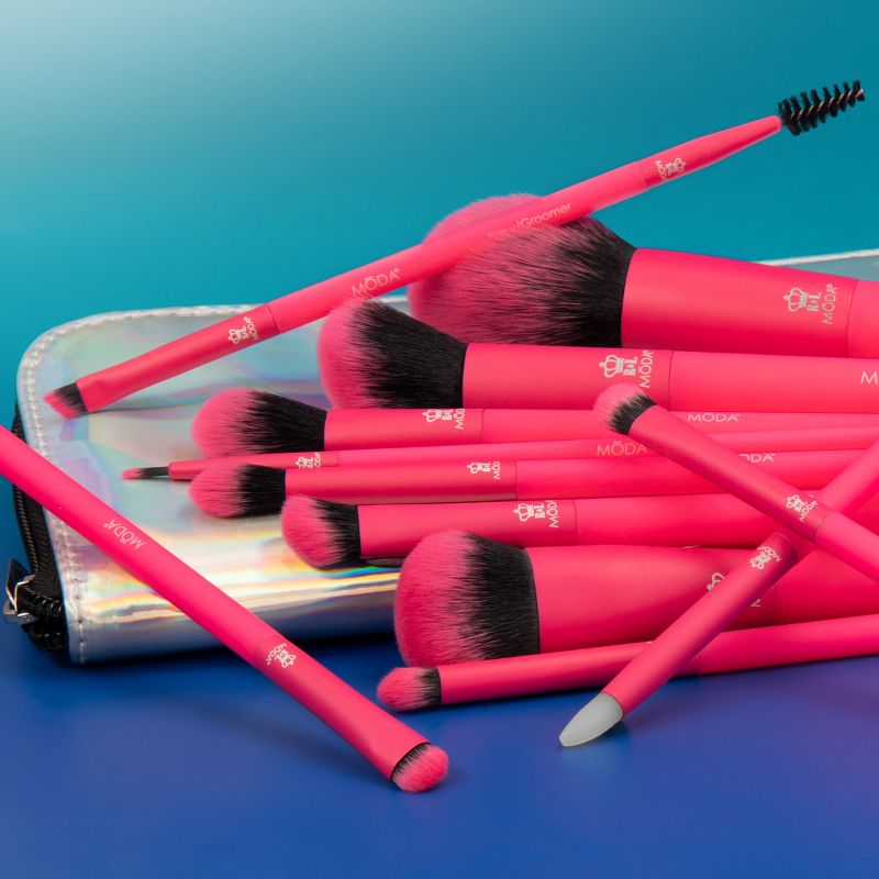 MODA Brush Totally Electric Neon Pink Full Face 13pc Makeup Brush Kit, Includes Complexion, Highlight & Glow, and Crease Makeup Brushes, 4 of 12