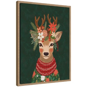 Kate & Laurel All Things Decor 18"x24" Sylvie Beaded Christmas Deer Framed Canvas by Mia Charro Rustic Natural - 1 of 4