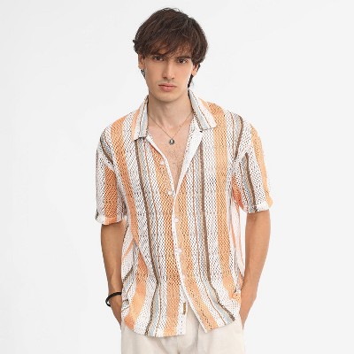 Campus Sutra Men Men's Coral Orange & Saltbox Beige Multitrack Knit Oversized Shirt