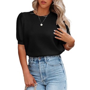 BLUEMING Sweater Tops for Women Short Sleeve Crew Neck Summer Knit Shirt Ribbed Knit Cuff Tops - 1 of 4