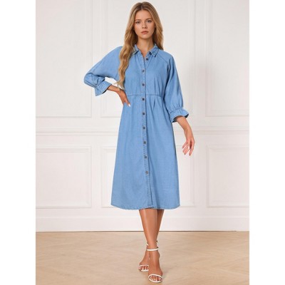 Женские платья INSPIRE CHIC Women's Denim Casual Ruffle Long Sleeve Button Down Midi Jean Shirt Dress Light Blue Medium — фото 3