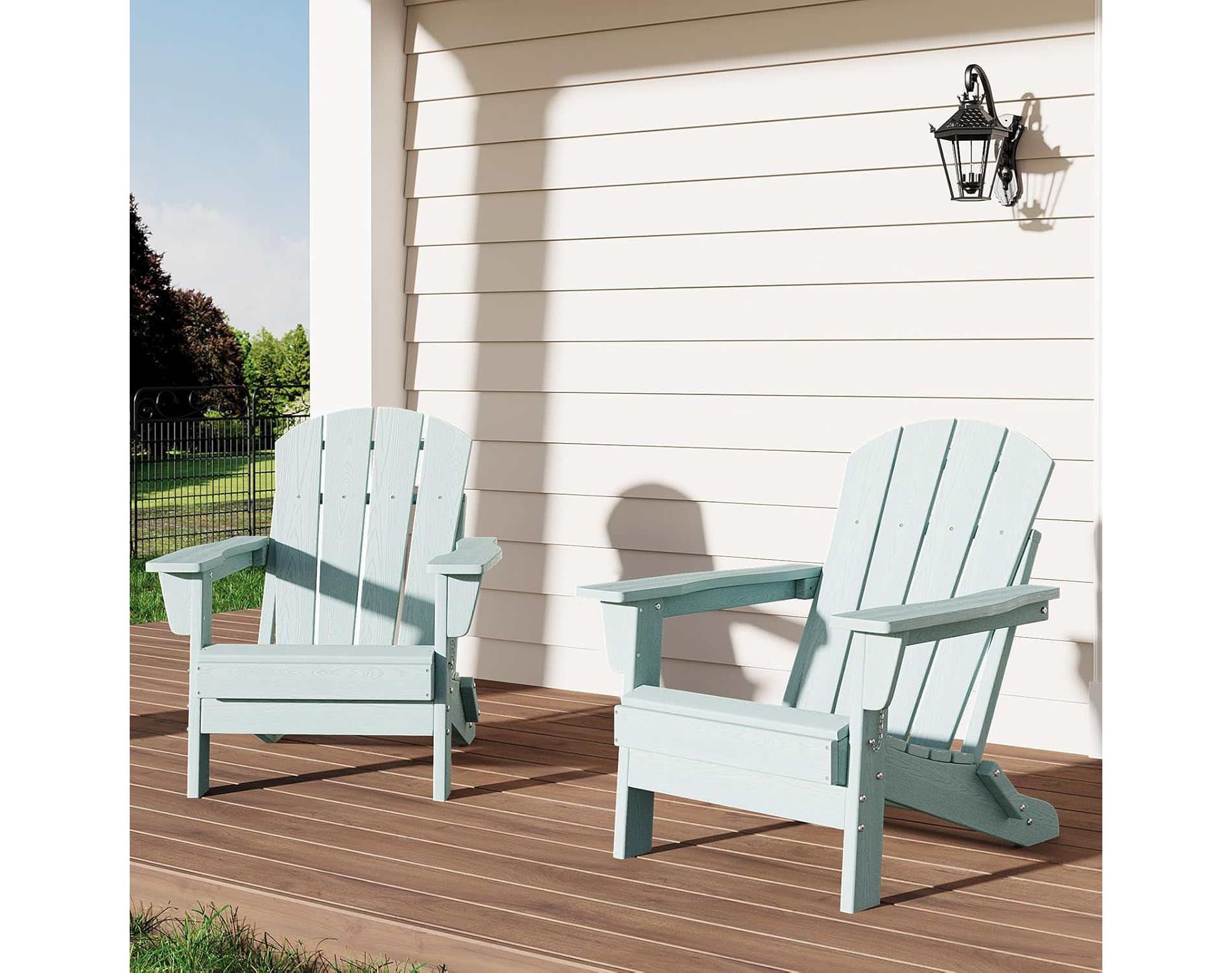 Acekool Folding Adirondack Chairs set of 2, HDPE Plastic Outdoor Chair Wood Texture, 380lbs, Patio/Deck/Backyard – Light Blue