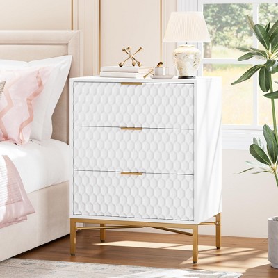 White Honeycomb 3 Drawer Dresser with Gold Accents