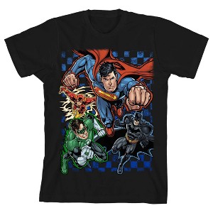 The Justice League Superheroes on Checkered Background Black Graphic Tee Toddler Boy to Youth Boy - 1 of 3
