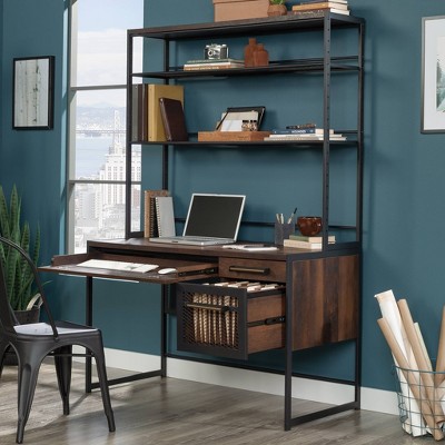 Barrel Oak Wood Desk with Hutch and Storage