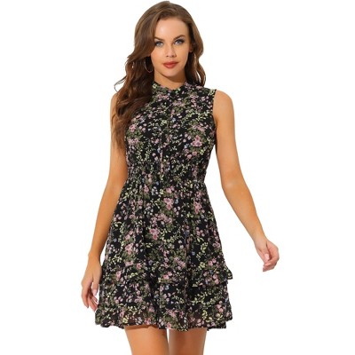 Allegra K Women's Regular Fit Floral A-line Smocked Waist Tiered Ruffled Chiffon Mini Dress