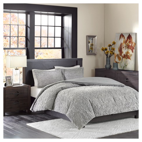 Faux fur comforter sets : gray syracuse long faux fur plush comforter mini set twin twin xl