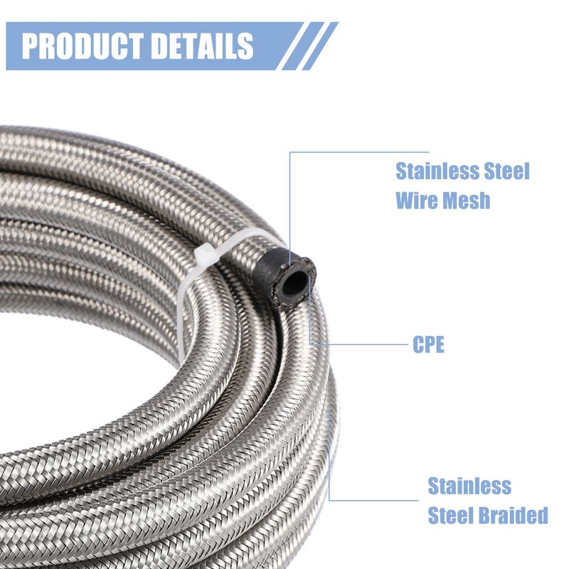 Unique Bargains Car 20ft 6AN 3/8" Universal CPE Braided Oil Fuel Line Hose Kit Stainless Steel Silver Tone, 3 of 7