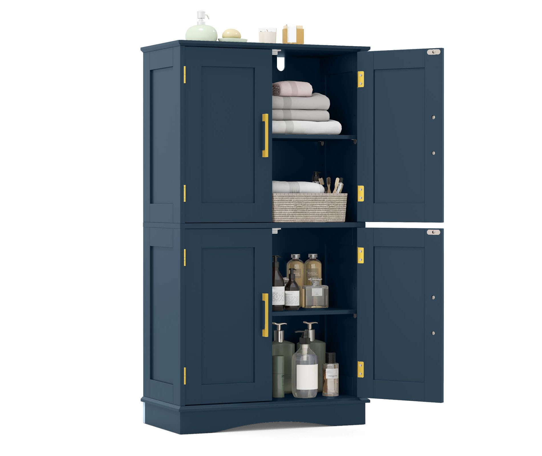 Costway Bathroom Floor Storage Cabinet 43.5" Freestanding Pantry Cabinet with 4 Doors Black/Blue/Gray/White