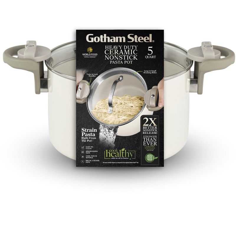 Gotham Steel Cream Ultra Nonstick Ceramic 5 Qt Pasta Pot with Strainer and Twist & Lock Handles, 2 of 7