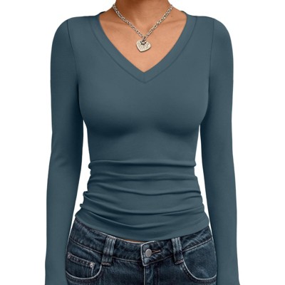 Fashion V Neck Slim Fitted Long Sleeve Crop Tops Y2K Basics Outfits Clothes Women's 2025 Fall