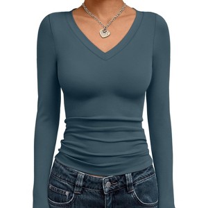 Fashion V Neck Slim Fitted Long Sleeve Crop Tops Y2K Basics Outfits Clothes Women's 2025 Fall - 1 of 4