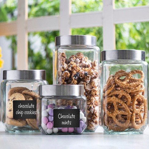 Le'raze 4pc Square Glass Cookie Jars with Airtight Lids + Marker & Labels
