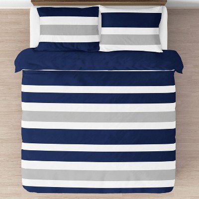 Navy and Gray Striped Full Microfiber Comforter Set