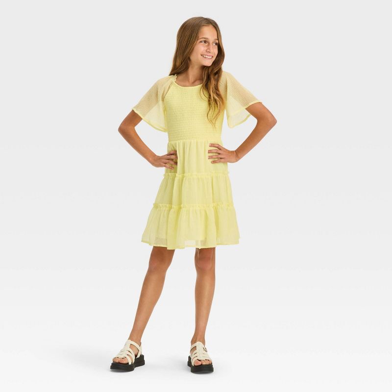Girls' Smocked Bodice Flutter Sleeve Textured Dress - art class™, 4 of 5