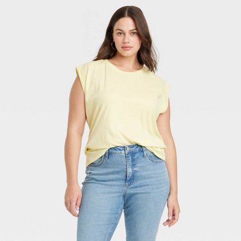 Women's Slim Fit Cuffed Sleeve Tank Top - Ava & Viv™ Lemon Yellow