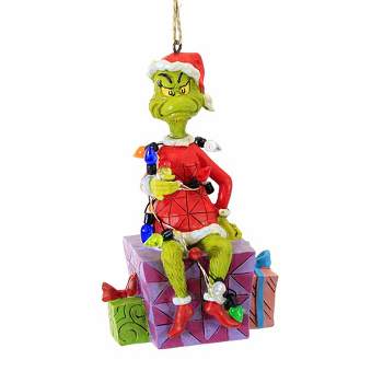 Jim Shore 4.5 Inch Grinch Sitting Present Wrapped Lights Ornament Dr. Seuss Tree Ornaments