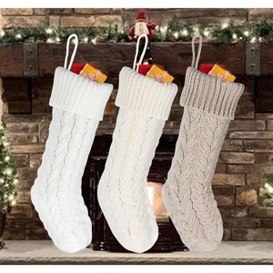 Aoibox 3 Pack 18 Inch Large Knit Christmas Stockings Cable Pattern Beige White Khaki Holiday Decor for Mantel Tree or Wall Hanging - 1 of 4