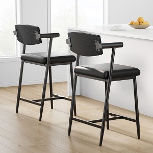 Counter-Height Bar Stool Set with Armrest, Footrest, Soft Back, and Cushioned Seat – Metal Barstools Set for Kitchen Islands and Counters - 1 of 4
