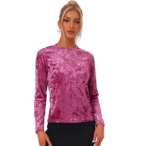 INSPIRE CHIC Women's Casual Vintage Velvet Crew Neck Long Sleeve T-shirts - 1 of 4