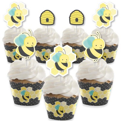 Big Dot of Happiness Honey Bee - Cupcake Decoration - Baby Shower or Birthday Party Cupcake Wrappers and Treat Picks Kit - Set of 24