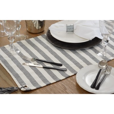 Black and White Striped Cotton Tassel Table Runner