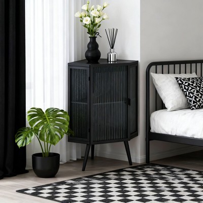 Homy Casa Modern Corner Storage Cabinet with Glass Doors, Three Shelves, for Living Room or Office, Black