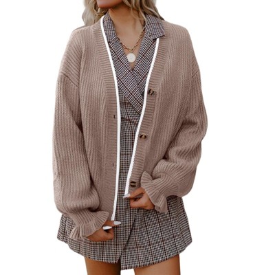Womens Front Button Down Cardigan Rib Knit Sweater Cardigan Ruffled Cuff Causal Fall Outfits,Khaki - 2XL