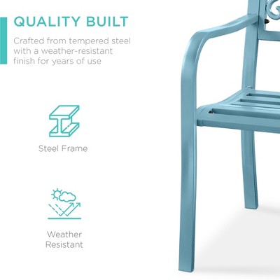 Sky Blue Weather-Resistant Steel Outdoor Bench with Floral Backrest