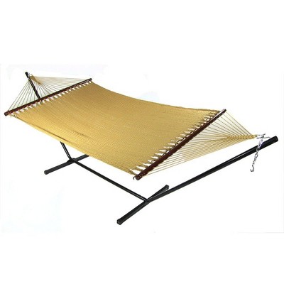 Sunnydaze Outdoor 2-Person Double Polyester Rope Hammock with Wood Spreader Bar and 15ft Black Steel Stand - Tan