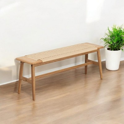 Alilang 31.50 inch Woven Seat Bench with Natural Wood Frame and Minimalist Design-Beige