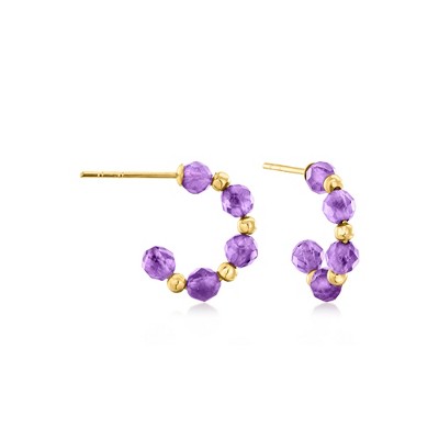 RS Pure by Ross-Simons 0.80 ct. t.w. Amethyst Bead C-Hoop Earrings in 14kt Yellow Gold