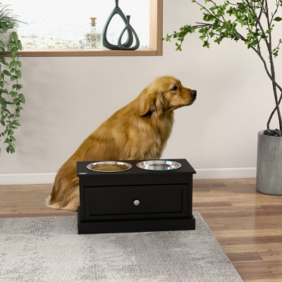 Black Elevated Dog Bowls with Storage Drawer and Stainless Steel Bowls