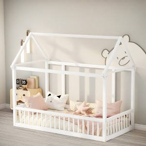 ROOMTEC Floor Wooden Bed with House Roof Frame - 1 of 4