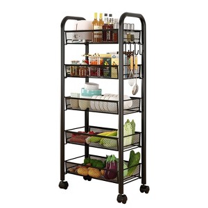 5-Tier Kitchen Storage Carts,Trolley with 4 Hooks,Rolling Utility Cart Load-bearing 40KG Storage Rack Shelves for Home Bathroom Office - 1 of 4