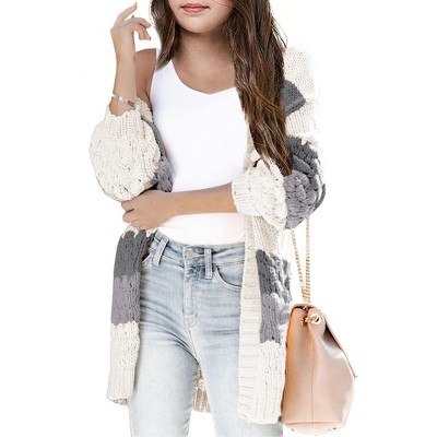 Girls Sweater Cardigan Open Front Longline Sweater Cable Knit Sweater Long Sleeve Color Block Sweater,Cloudy - S