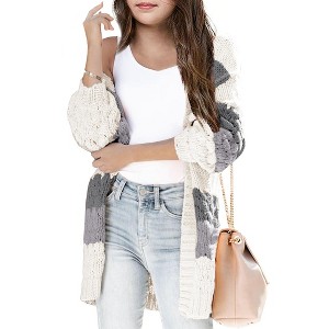 Girls Sweater Cardigan Open Front Longline Sweater Cable Knit Sweater Long Sleeve Color Block Sweater,Cloudy - S - 1 of 4
