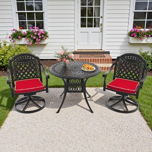 3-Piece Round Cast Aluminum Patio Set with Swivel Chairs,Red Cushions,and Umbrella Hole - 1 of 4
