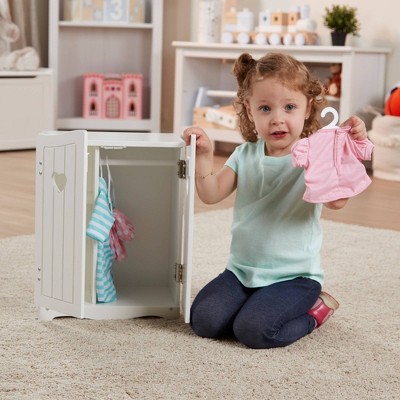 Modern White Wooden Doll Armoire with Shelves and Hangers