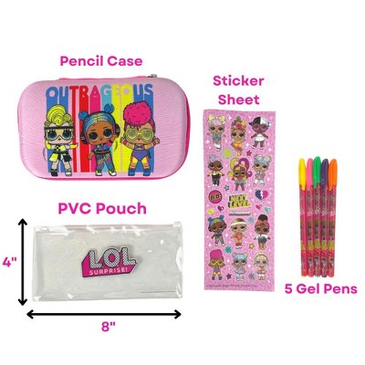 LOL Surprise Doll Pencil Case Set with LOL Stickers and Gel Pens for Girls, Molded with Zip Closure, Pink